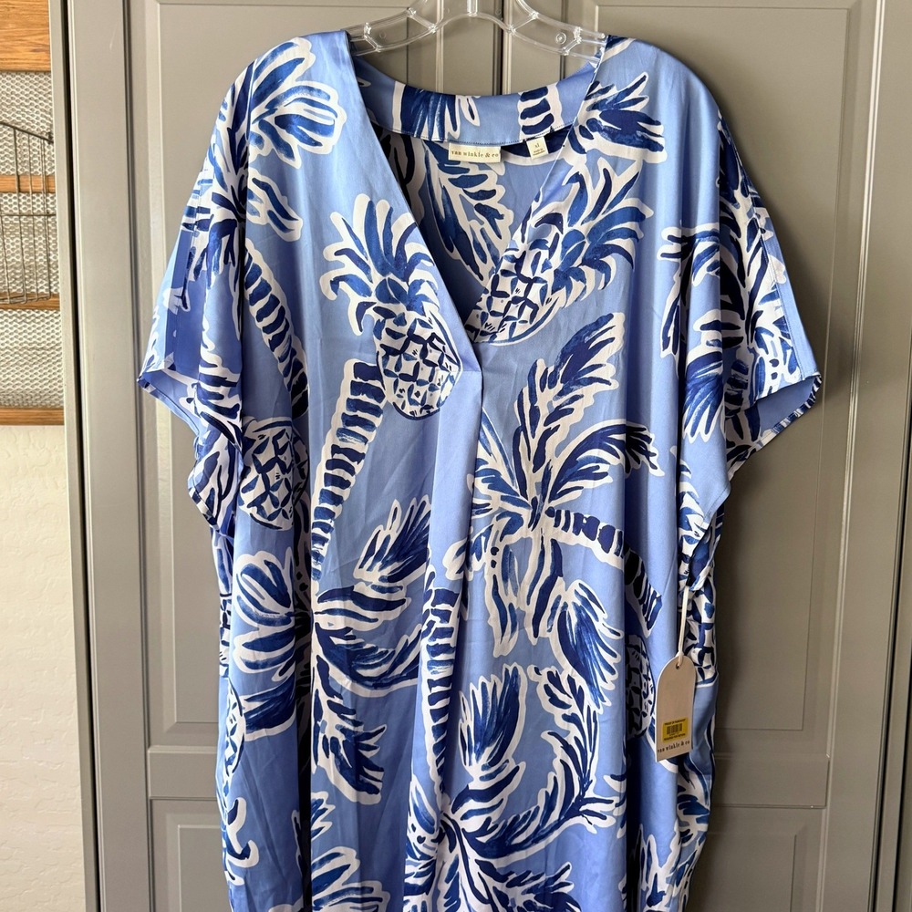 Van Winkle & Co Painted Palm Dolman Sleeve Caftan Dress, Blue White, XL (NWT) - Picture 3 of 13